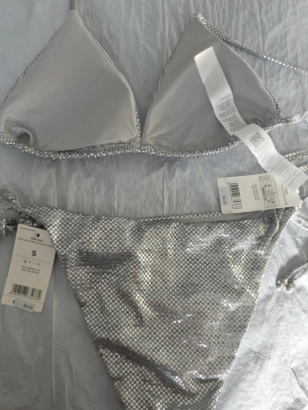 NWT Calzedonia Silver Metallic Triangle Bikini Set Top L Btm S